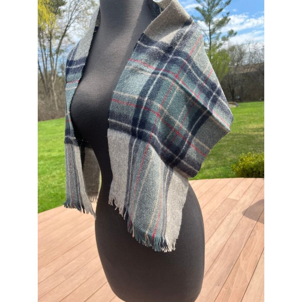Vtg 1970's Wool Scarf Gray Navy Red Teal Plaid With Tassels 11" x 48"
